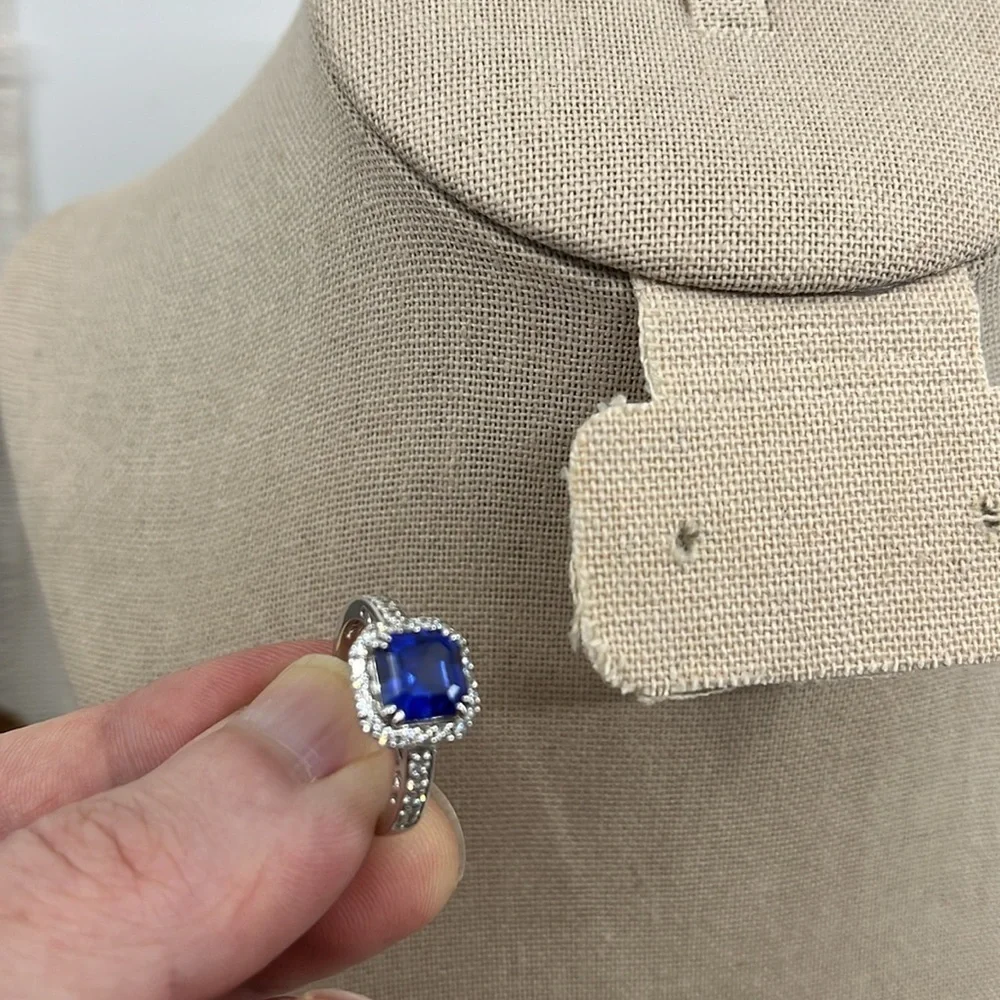 Sterling Silver 925 ๐ Blue Sapphire CZ Halo Ring - Size 7 - Picture 3 of 17